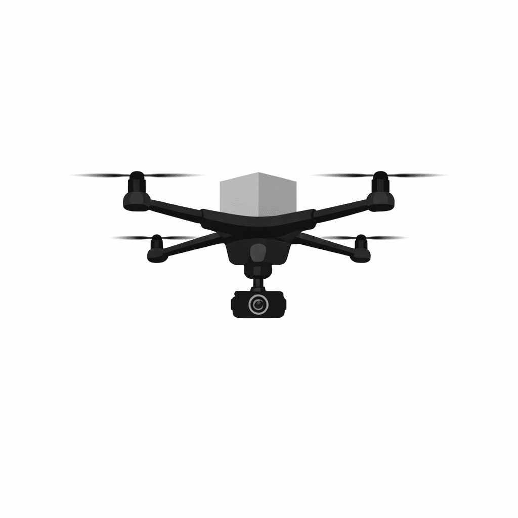 Professional black delivery drone in flight carrying a cargo package